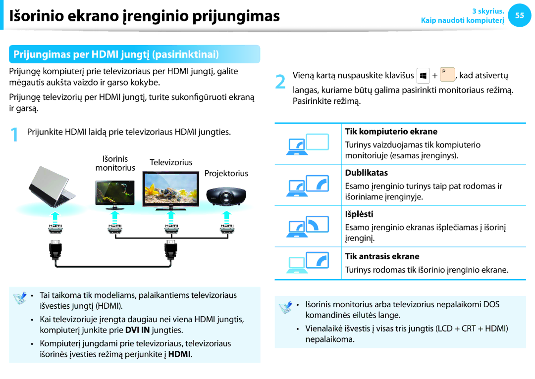 Samsung NP940X3G-K01EE manual Prijungimas per Hdmi jungtį pasirinktinai 