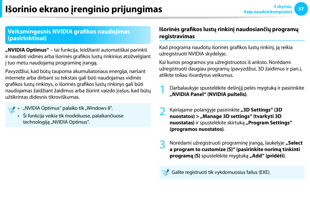 Samsung NP940X3G-K01EE manual Veiksmingesnis Nvidia grafikos naudojimas, Pasirinktinai, „NVIDIA Panel Nvidia pultelis 