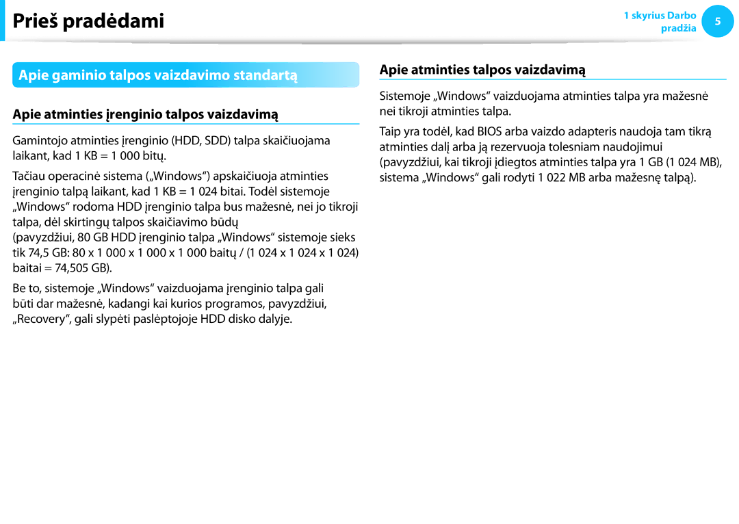 Samsung NP940X3G-K01EE manual Apie gaminio talpos vaizdavimo standartą, Apie atminties įrenginio talpos vaizdavimą 