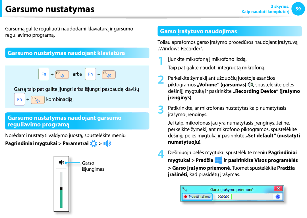 Samsung NP940X3G-K01EE manual Garsumo nustatymas naudojant klaviatūrą, Garso įrašytuvo naudojimas 