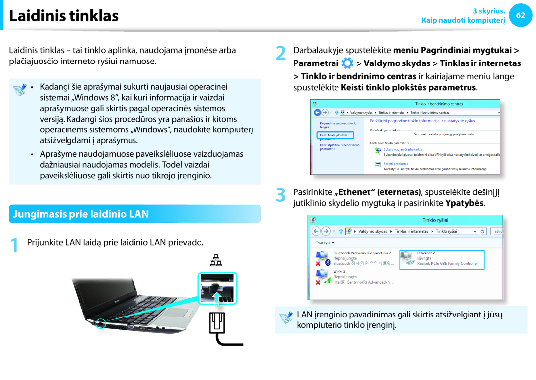 Samsung NP940X3G-K01EE Laidinis tinklas, Jungimasis prie laidinio LAN, Prijunkite LAN laidą prie laidinio LAN prievado 