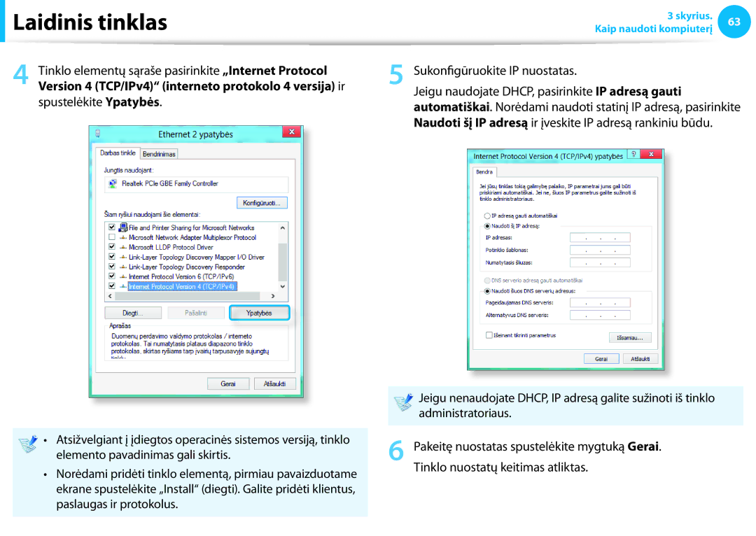 Samsung NP940X3G-K01EE manual Tinklo elementų sąraše pasirinkite „Internet Protocol, Sukonfigūruokite IP nuostatas 