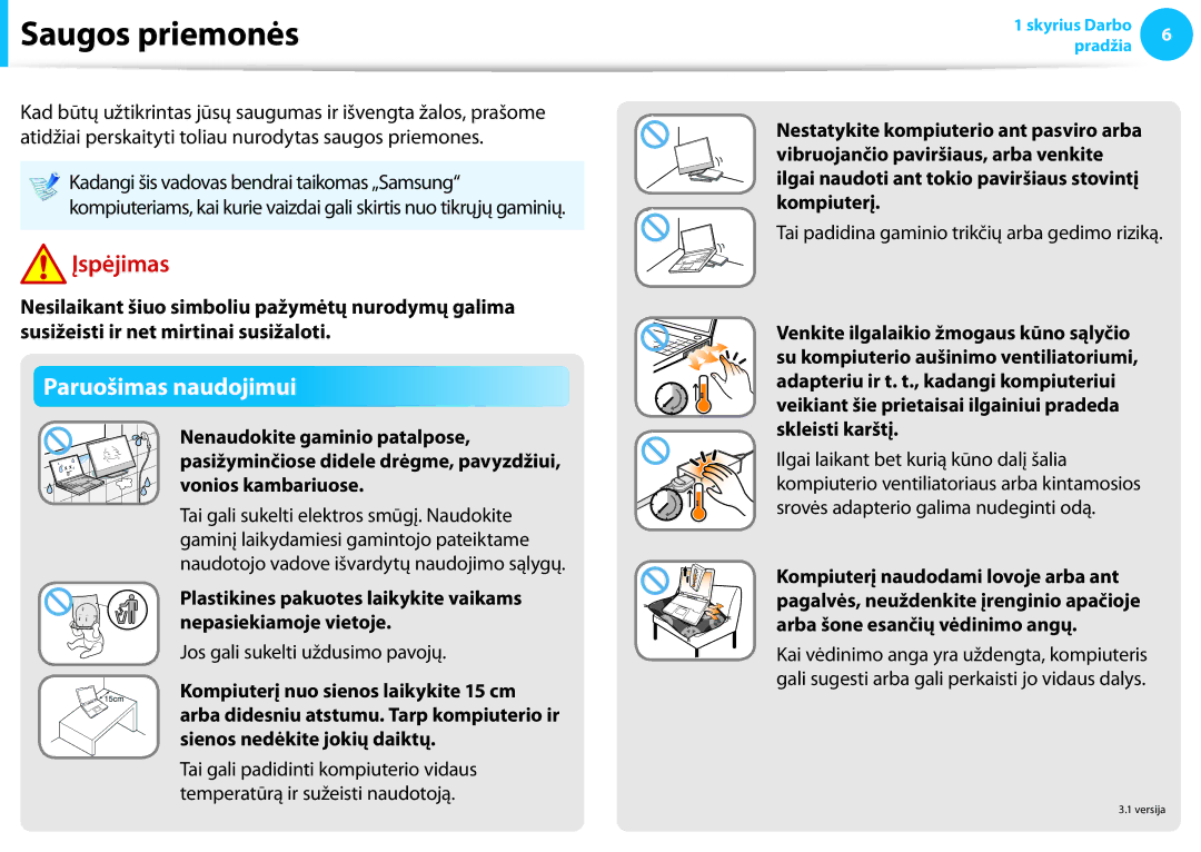 Samsung NP940X3G-K01EE manual Saugos priemonės, Paruošimas naudojimui, Jos gali sukelti uždusimo pavojų 