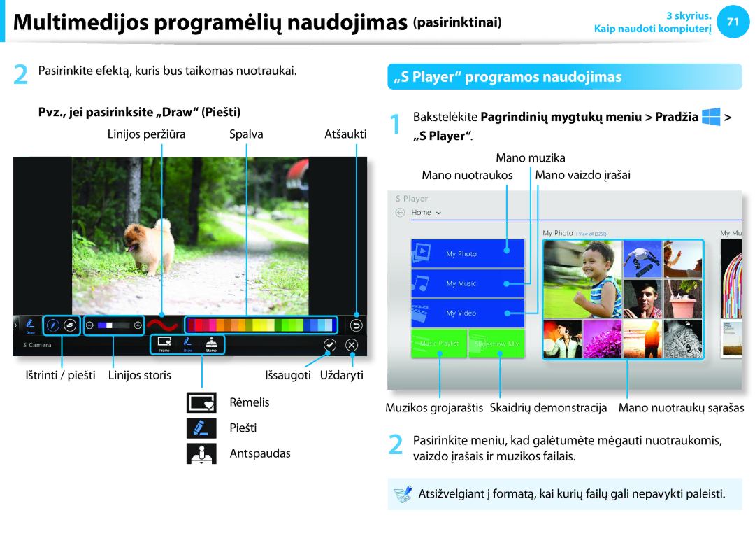 Samsung NP940X3G-K01EE manual „S Player programos naudojimas, Pvz., jei pasirinksite „Draw Piešti 