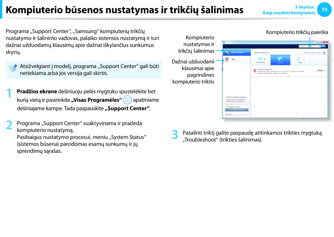 Samsung NP940X3G-K01EE manual Kompiuterio būsenos nustatymas ir trikčių šalinimas, „Troubleshoot trikties šalinimas 