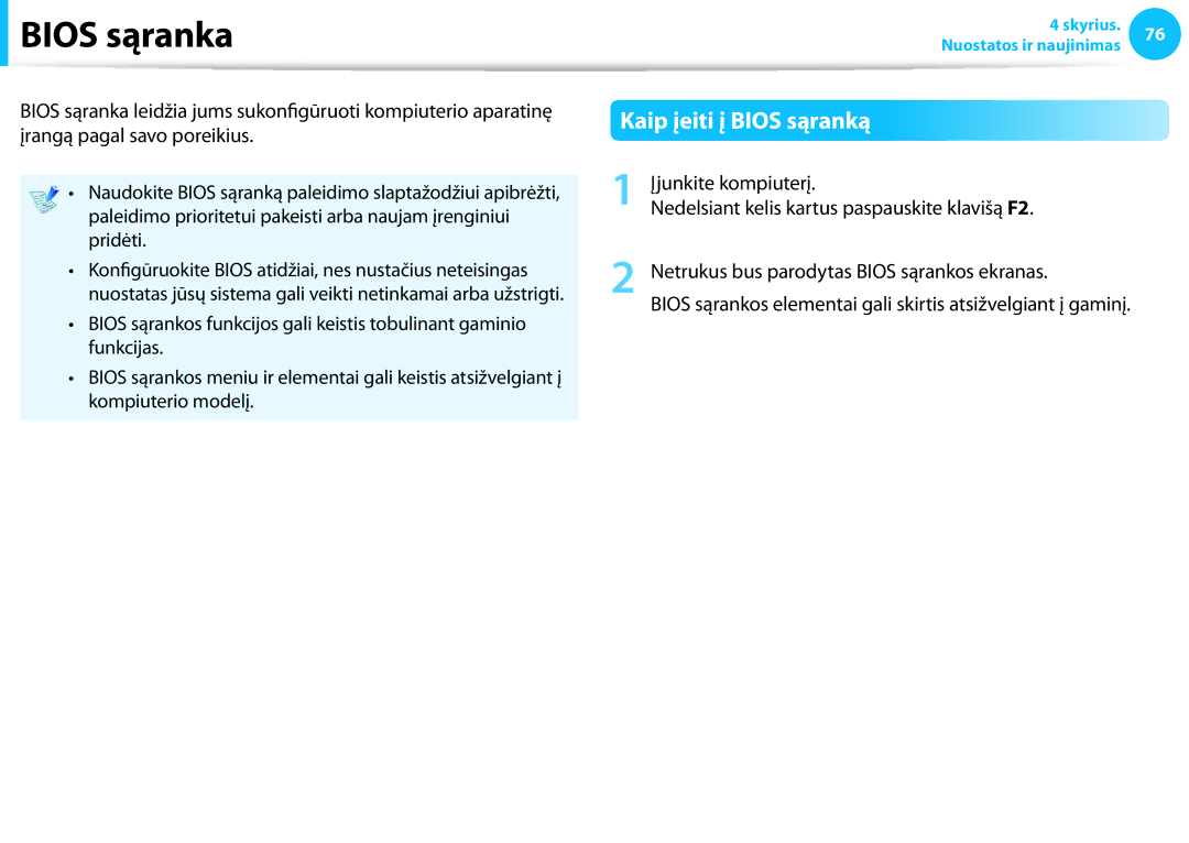 Samsung NP940X3G-K01EE manual Bios sąranka, Kaip įeiti į Bios sąranką 