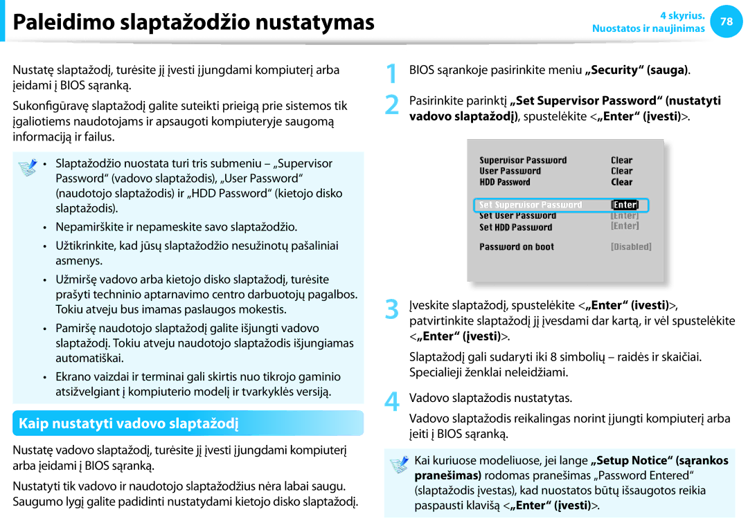 Samsung NP940X3G-K01EE manual Kaip nustatyti vadovo slaptažodį, „Enter įvesti 