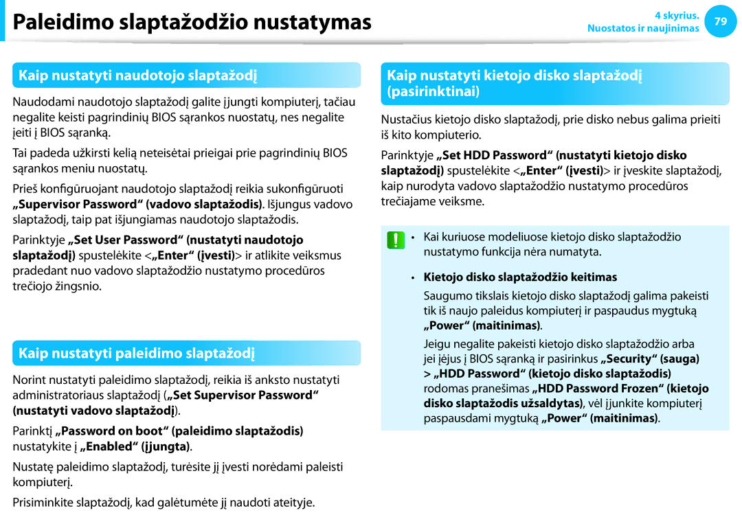 Samsung NP940X3G-K01EE manual Kaip nustatyti naudotojo slaptažodį, Kaip nustatyti paleidimo slaptažodį 