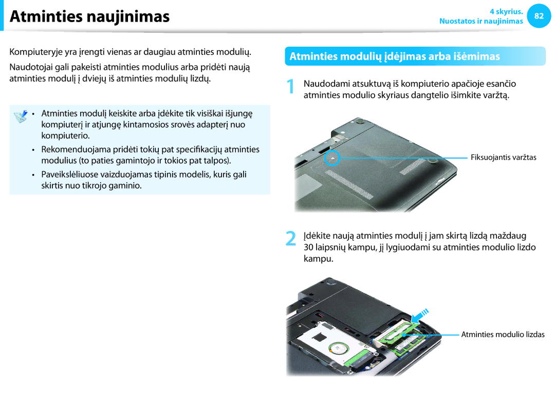 Samsung NP940X3G-K01EE manual Atminties naujinimas, Atminties modulių įdėjimas arba išėmimas, Kampu 