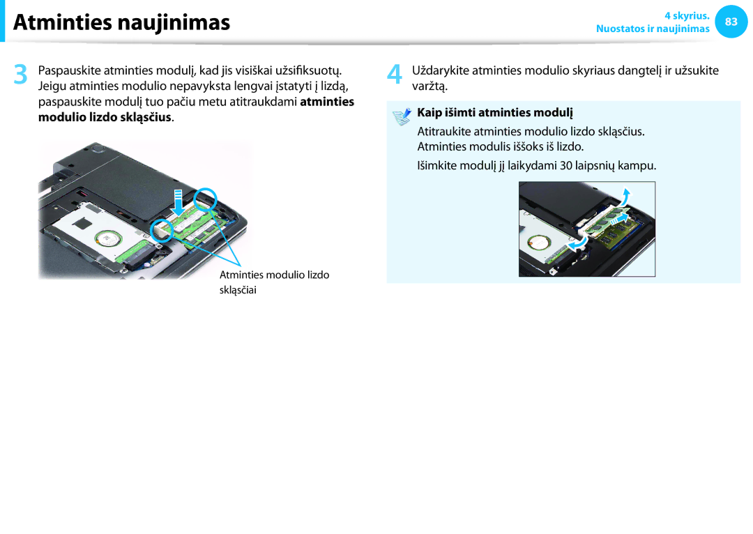 Samsung NP940X3G-K01EE manual Kaip išimti atminties modulį, Modulio lizdo skląsčius, Atminties modulis iššoks iš lizdo 