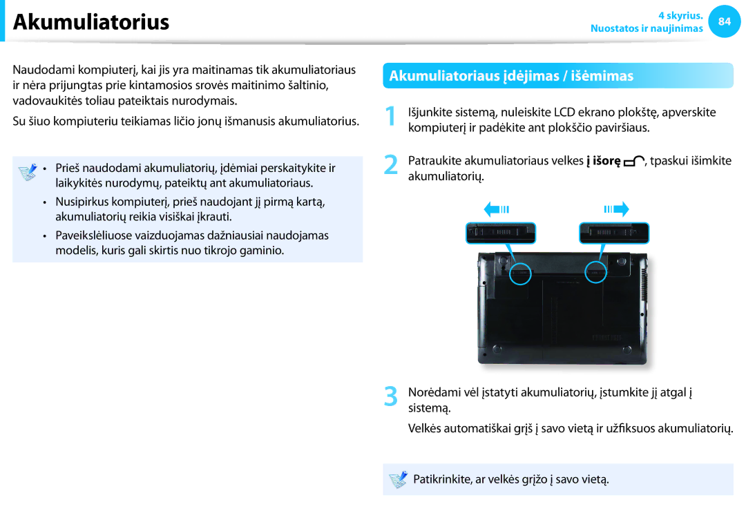 Samsung NP940X3G-K01EE manual Akumuliatorius, Akumuliatoriaus įdėjimas / išėmimas 