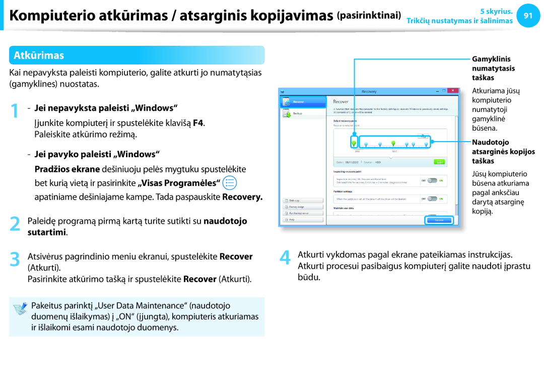 Samsung NP940X3G-K01EE manual Atkūrimas, Jei nepavyksta paleisti „Windows, Jei pavyko paleisti „Windows, Sutartimi 