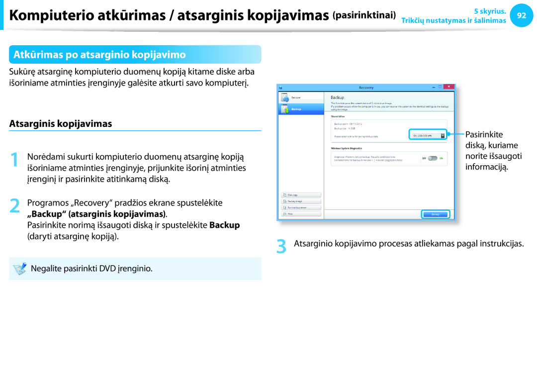 Samsung NP940X3G-K01EE manual Atkūrimas po atsarginio kopijavimo, Atsarginis kopijavimas, „Backup atsarginis kopijavimas 