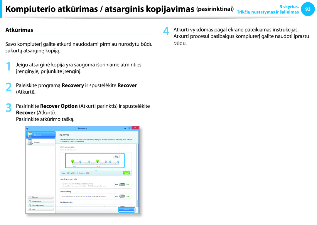 Samsung NP940X3G-K01EE manual Atkūrimas, Recover Atkurti, Pasirinkite atkūrimo tašką 