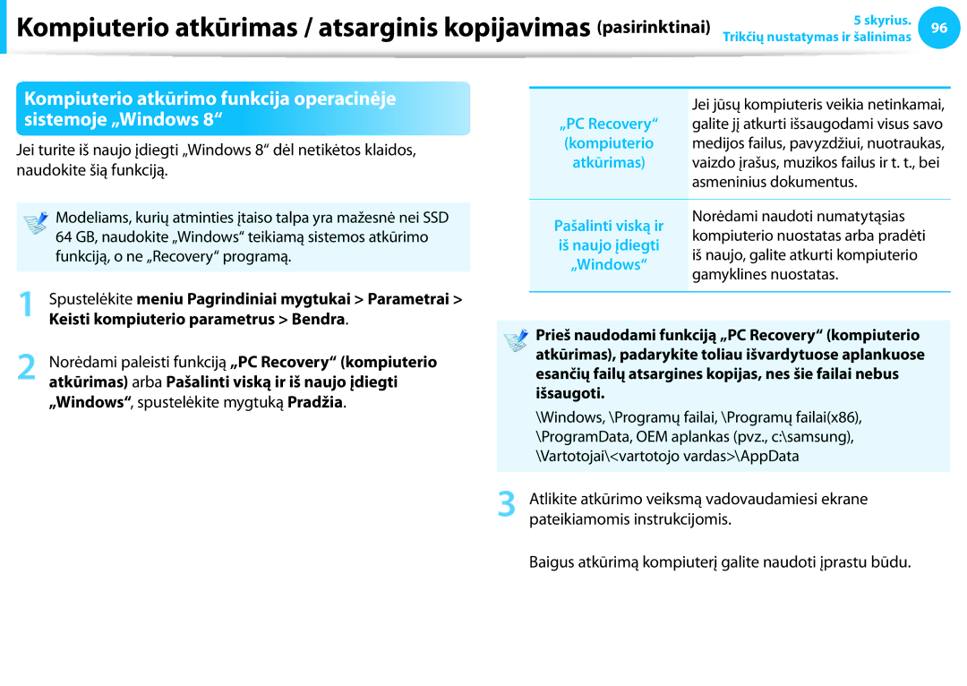 Samsung NP940X3G-K01EE manual Funkciją, o ne „Recovery programą, Keisti kompiuterio parametrus Bendra 