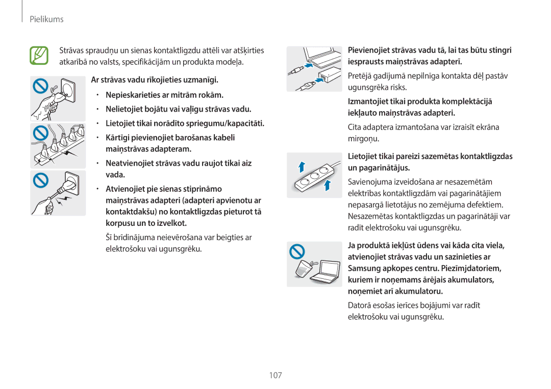 Samsung NP940X3G-K01EE manual Vada, Atvienojiet pie sienas stiprināmo, Korpusu un to izvelkot, Elektrošoku vai ugunsgrēku 