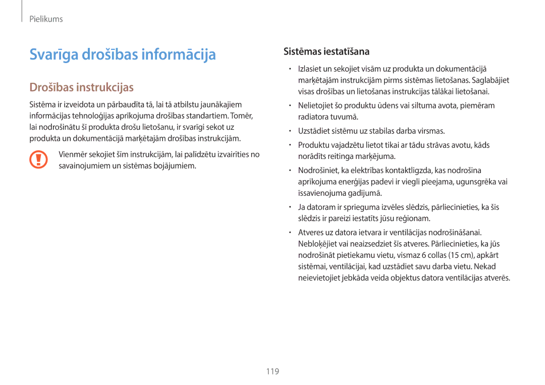 Samsung NP940X3G-K01EE manual Svarīga drošības informācija, Drošības instrukcijas, Sistēmas iestatīšana 