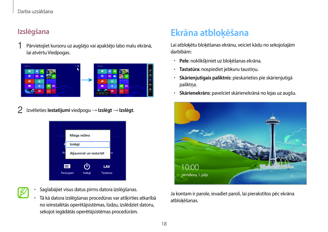 Samsung NP940X3G-K01EE manual Izslēgšana, Izvēlieties Iestatījumi viedpogu →Izslēgt →Izslēgt 