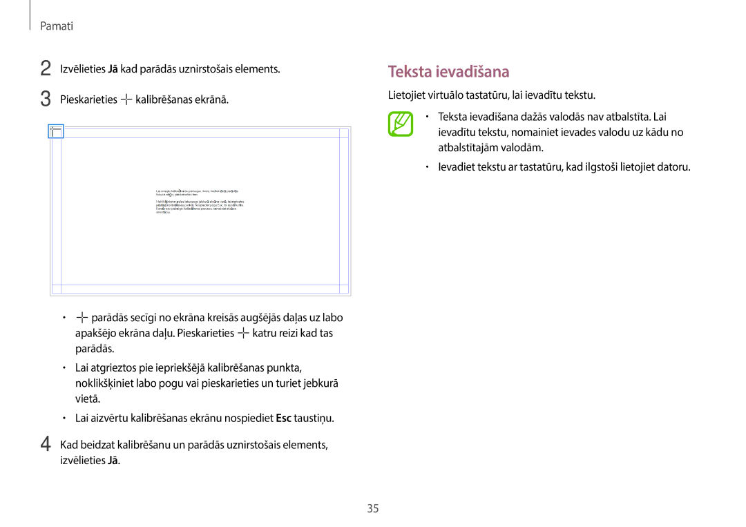 Samsung NP940X3G-K01EE manual Teksta ievadīšana, Kalibrēšanas ekrānā, Lietojiet virtuālo tastatūru, lai ievadītu tekstu 