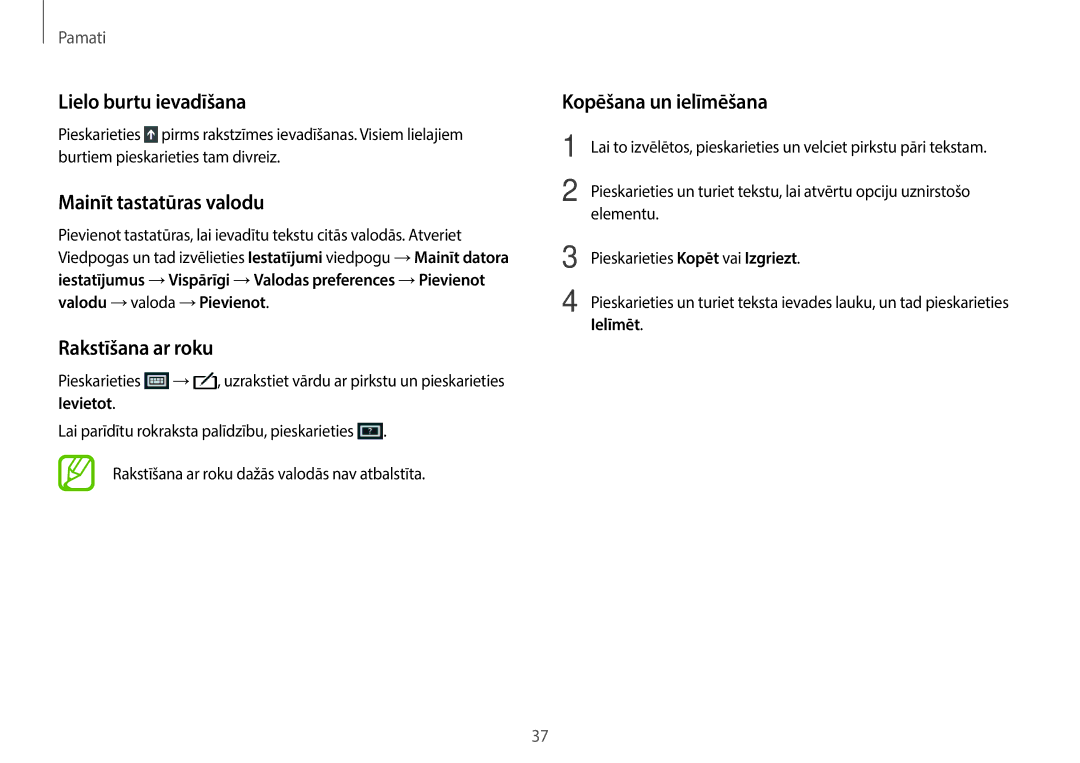 Samsung NP940X3G-K01EE manual Lielo burtu ievadīšana, Mainīt tastatūras valodu, Rakstīšana ar roku, Kopēšana un ielīmēšana 