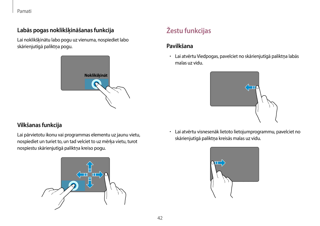 Samsung NP940X3G-K01EE manual Žestu funkcijas, Labās pogas noklikšķināšanas funkcija, Vilkšanas funkcija 