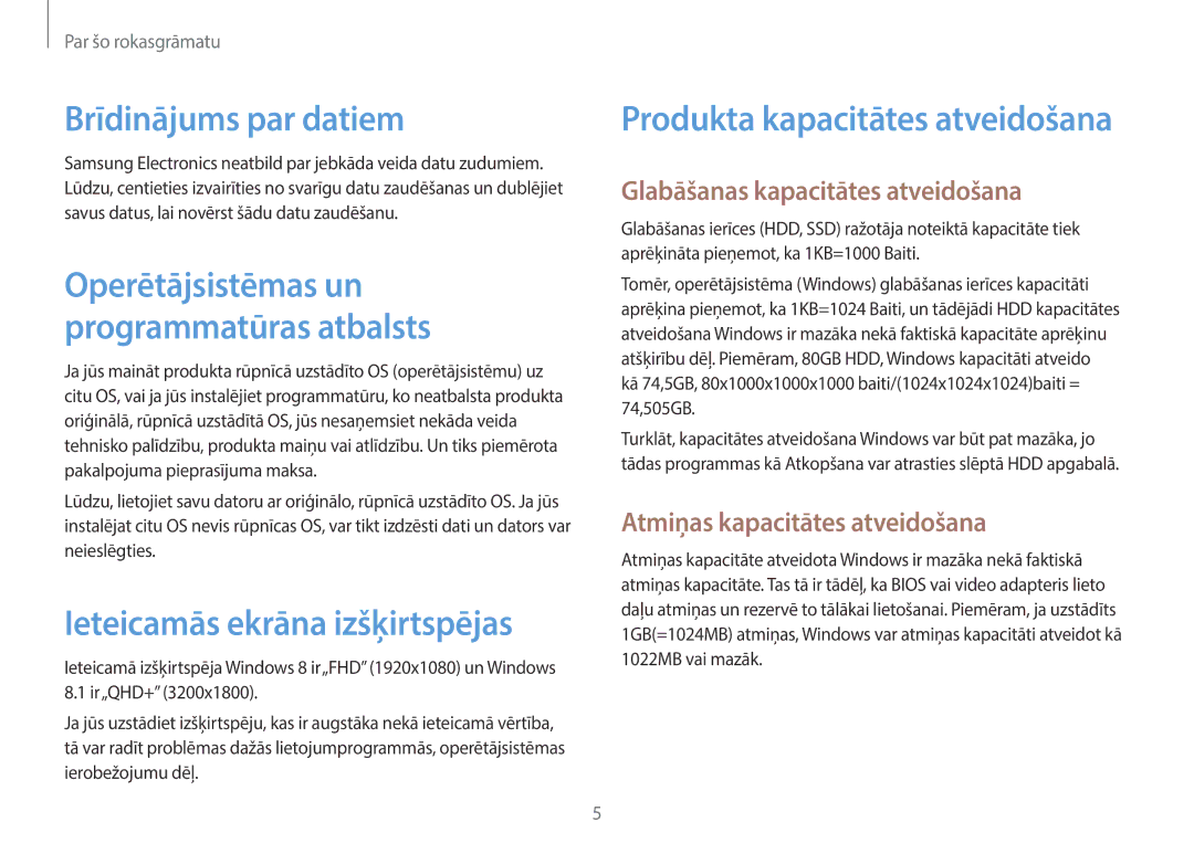 Samsung NP940X3G-K01EE manual Brīdinājums par datiem, Ieteicamās ekrāna izšķirtspējas, Glabāšanas kapacitātes atveidošana 