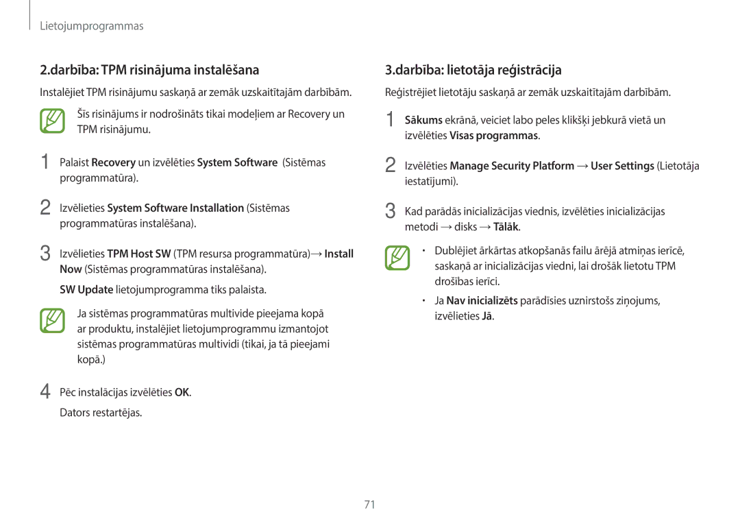 Samsung NP940X3G-K01EE manual Darbība TPM risinājuma instalēšana, Darbība lietotāja reģistrācija 