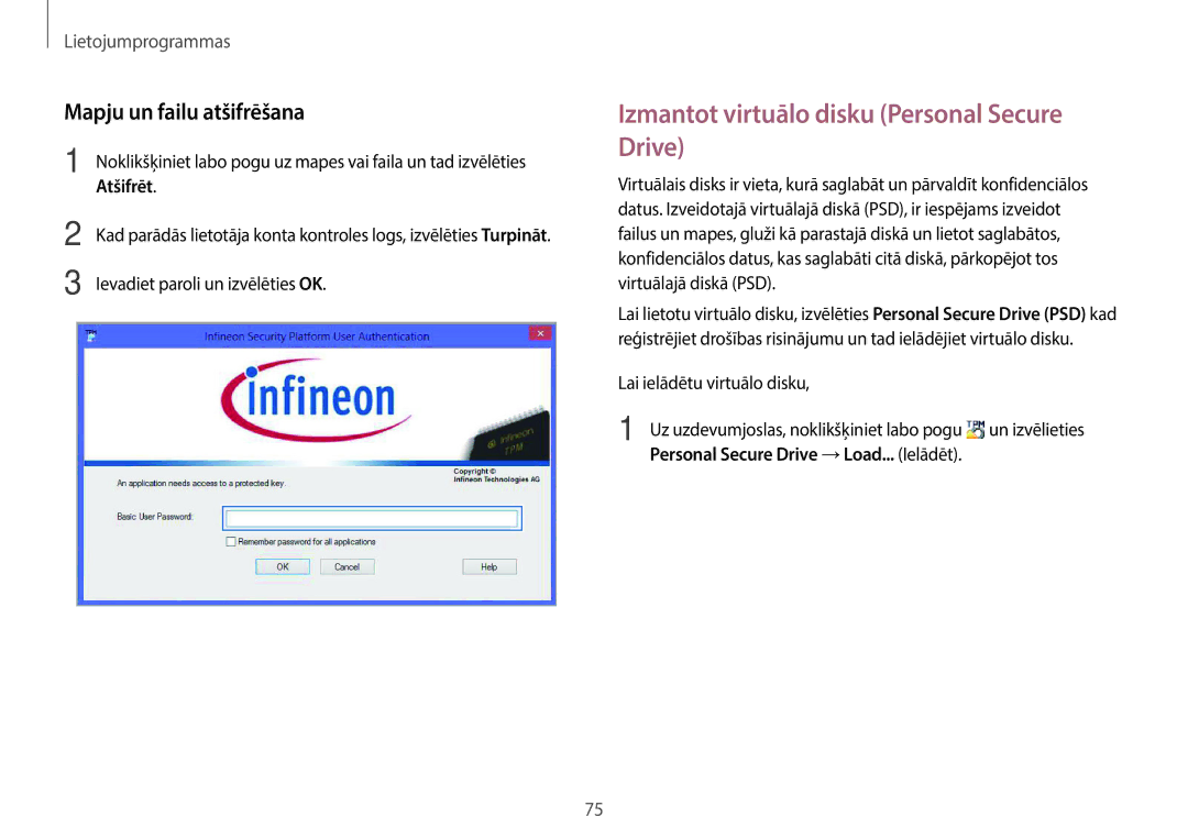 Samsung NP940X3G-K01EE manual Izmantot virtuālo disku Personal Secure Drive, Mapju un failu atšifrēšana, Atšifrēt 