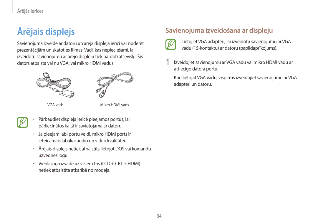 Samsung NP940X3G-K01EE manual Ārējais displejs, Savienojuma izveidošana ar displeju 