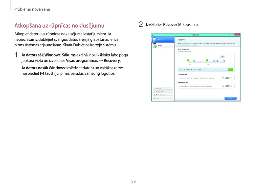 Samsung NP940X3G-K01EE manual Atkopšana uz rūpnīcas noklusējumu, Jebkurā vietā un izvēlieties Visas programmas →Recovery 