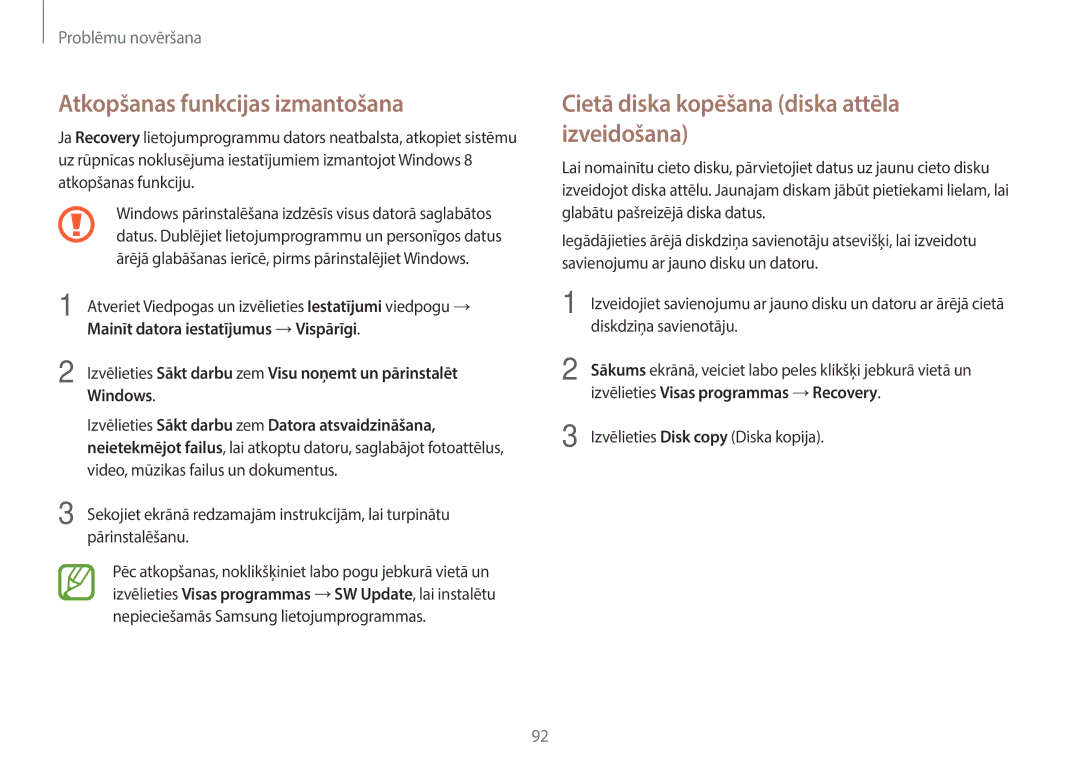 Samsung NP940X3G-K01EE manual Atkopšanas funkcijas izmantošana, Cietā diska kopēšana diska attēla izveidošana, Windows 