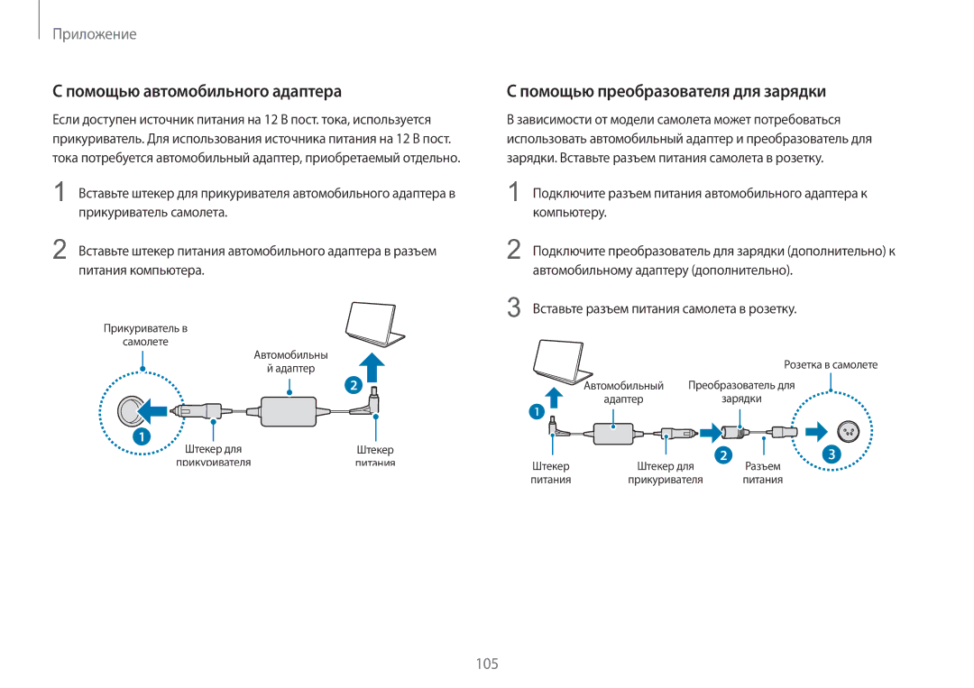 Samsung NP940X3G-K01EE manual Помощью автомобильного адаптера, Помощью преобразователя для зарядки, Компьютеру 