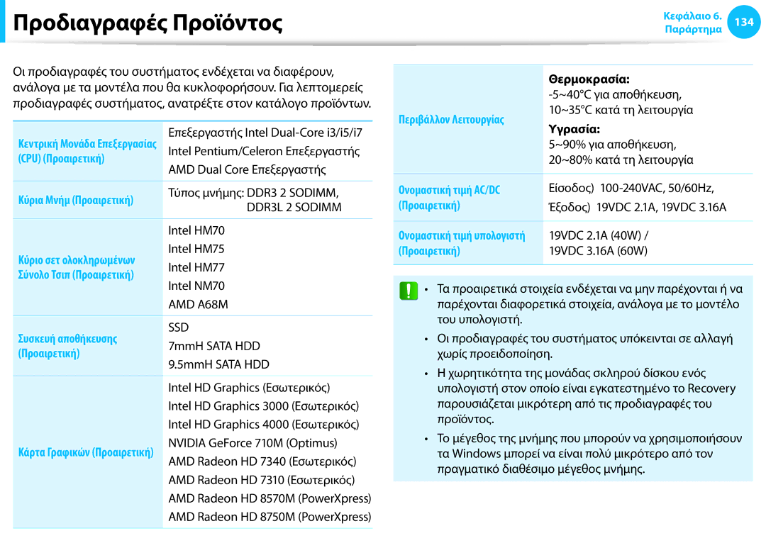 Samsung NP940X3G-K01GR manual Προδιαγραφές Προϊόντος, CPU Προαιρετική, Συσκευή αποθήκευσης, Ονομαστική τιμή AC/DC 