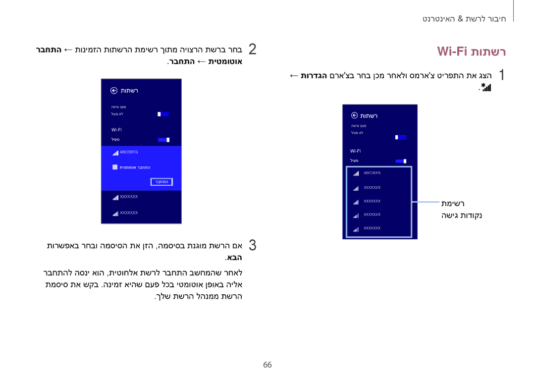 Samsung NP940X3G-K01IL, NP940X3G-K03IL manual Wi-Fi תותשר, רבחתה ← תיטמוטוא, אבה 