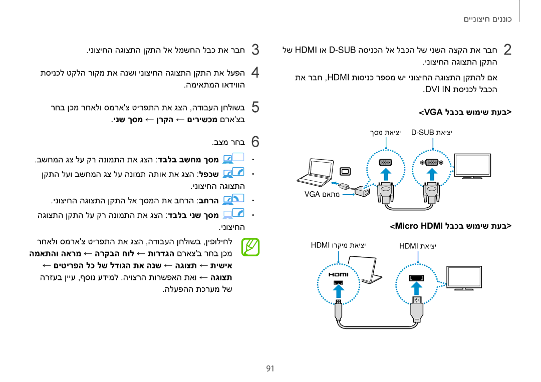 Samsung NP940X3G-K03IL, NP940X3G-K01IL manual ינש ךסמ ← ןרקה ← םירישכמ םראצב, Vga לבכב שומיש תעב, Micro Hdmi לבכב שומיש תעב 