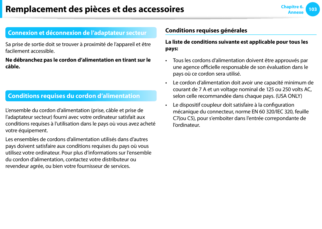 Samsung NP270E5E-K06FR, NP940X3G-K02FR manual Conditions requises du cordon d’alimentation, Conditions requises générales 