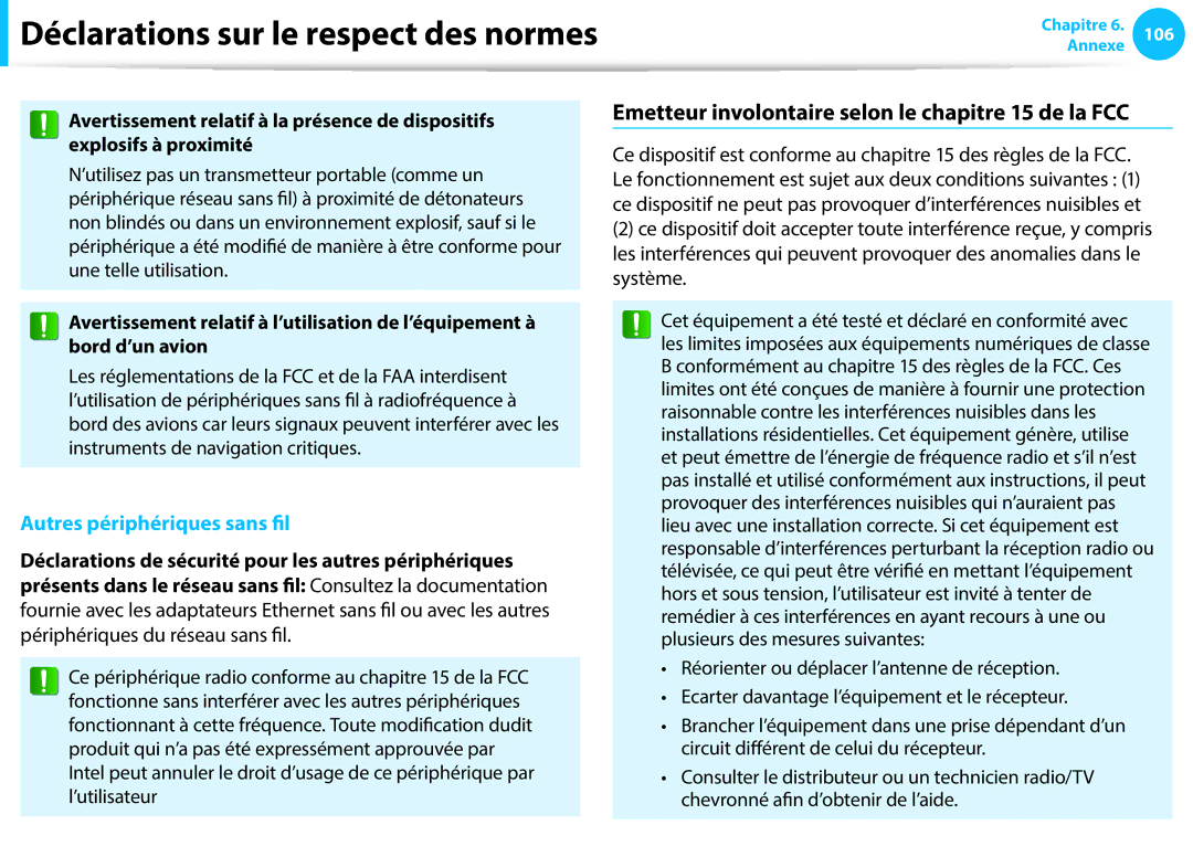 Samsung NP270E5E-K02FR, NP940X3G-K02FR Emetteur involontaire selon le chapitre 15 de la FCC, Autres périphériques sans fil 