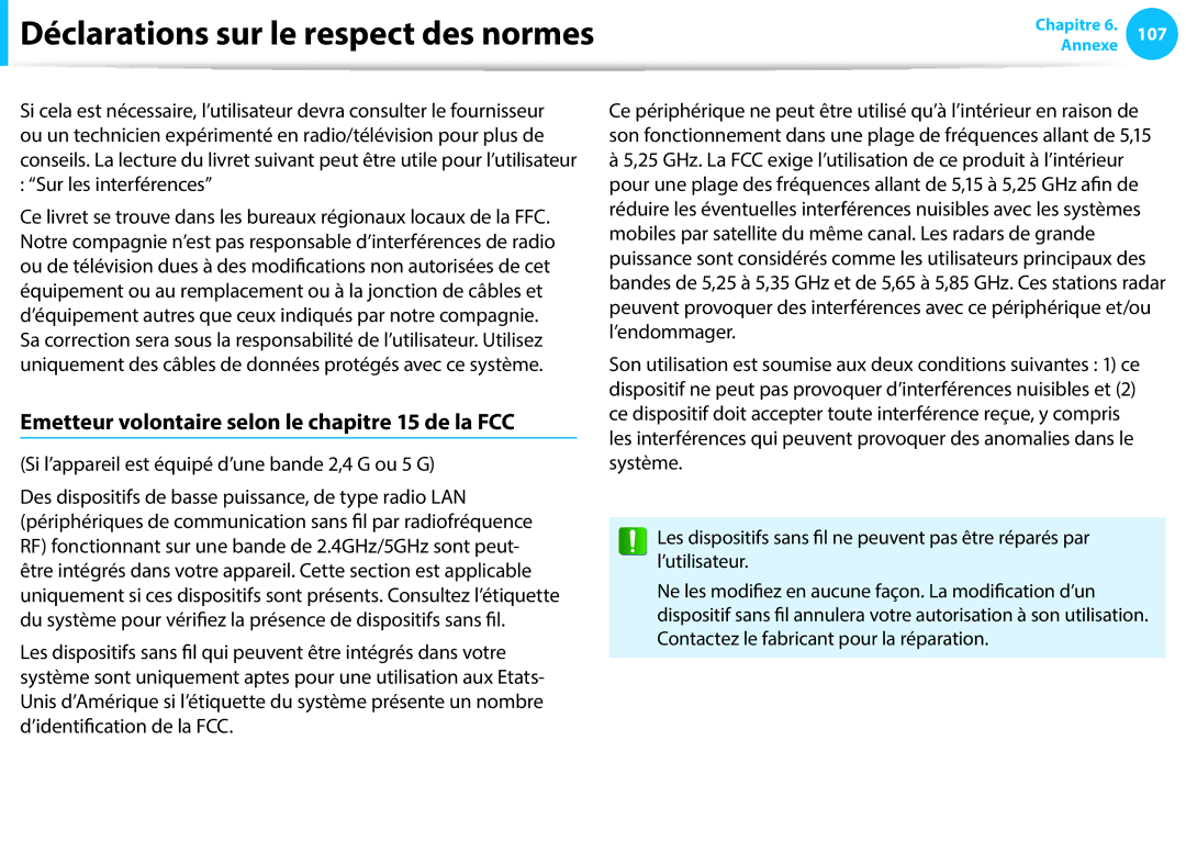 Samsung NP470R5E-X01FR, NP940X3G-K02FR, NP905S3G-K06FR, NP270E5E-X05FR Emetteur volontaire selon le chapitre 15 de la FCC 