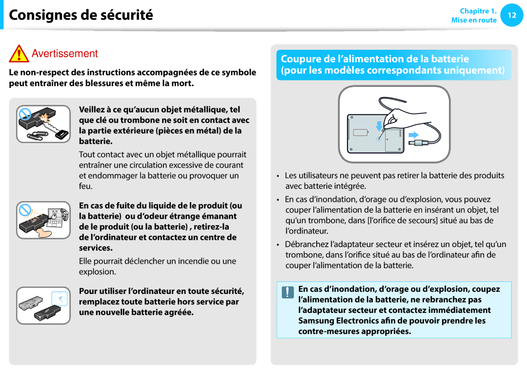 Samsung NP910S5J-K01FR manual Coupure de l’alimentation de la batterie, Pour les modèles correspondants uniquement 