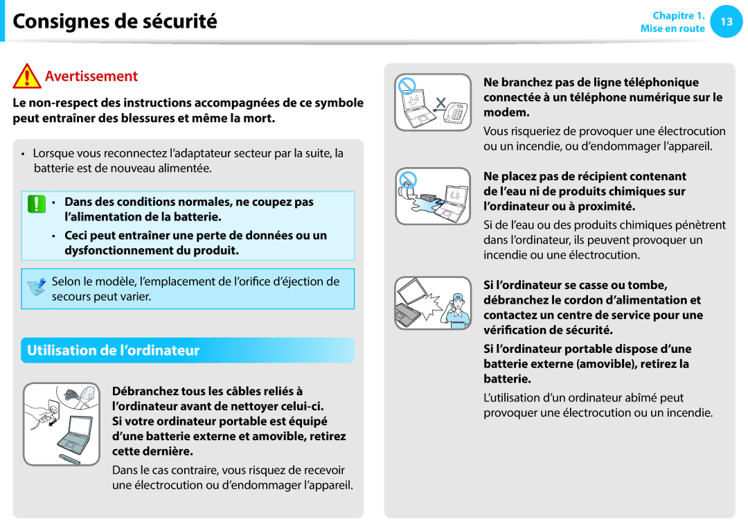 Samsung NP270E5G-K04FR, NP940X3G-K02FR, NP905S3G-K06FR, NP270E5E-X05FR, NP270E5E-K06FR manual Utilisation de l’ordinateur 