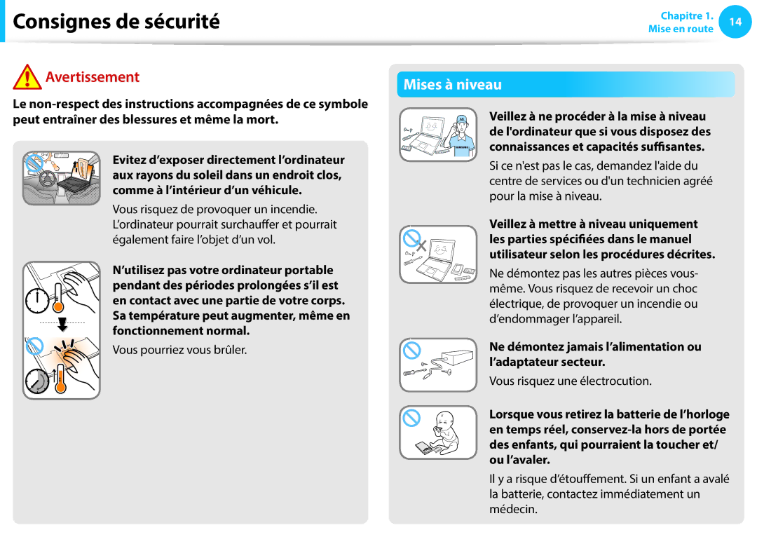 Samsung NP270E5E-X02FR, NP940X3G-K02FR Mises à niveau, Vous pourriez vous brûler, Veillez à mettre à niveau uniquement 