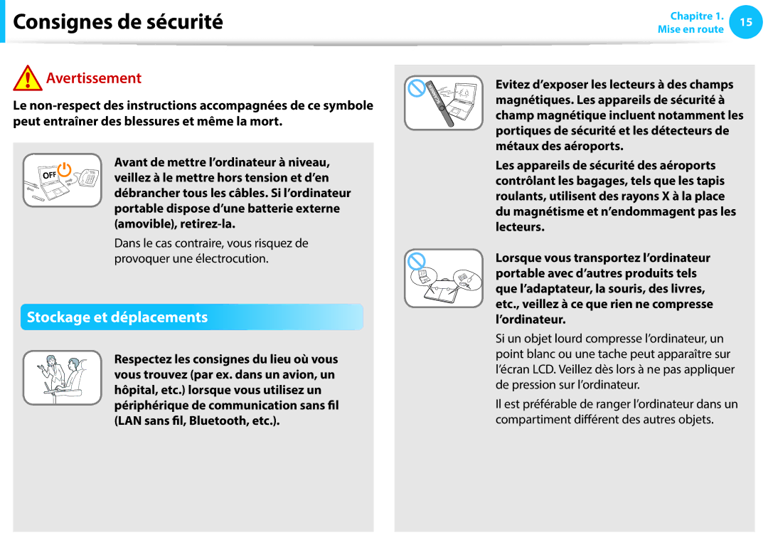 Samsung NP270E5E-K04FR, NP940X3G-K02FR, NP905S3G-K06FR, NP270E5E-X05FR, NP270E5E-K06FR manual Stockage et déplacements 