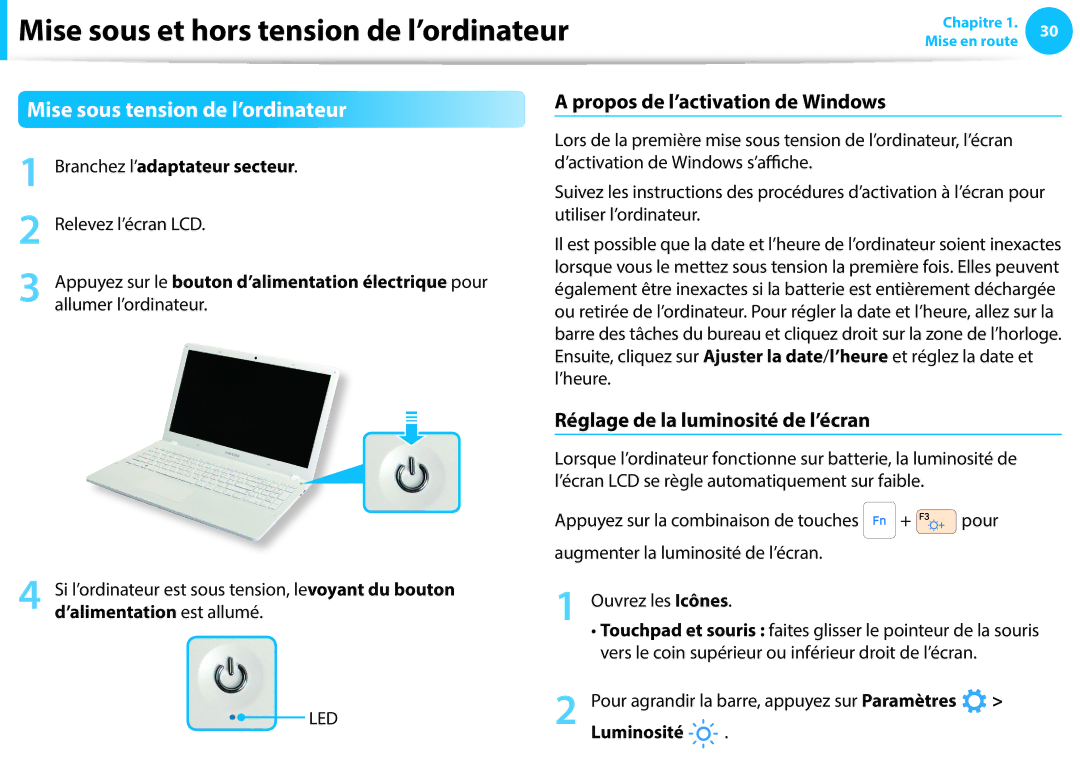 Samsung NP915S3G-K03FR, NP940X3G-K02FR manual Mise sous et hors tension de l’ordinateur, Mise sous tension de l’ordinateur 