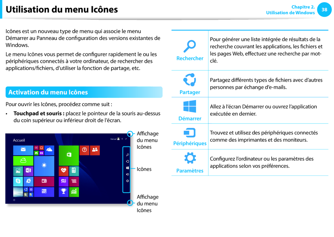 Samsung NP450R5G-X01FR, NP940X3G-K02FR manual Utilisation du menu Icônes, Activation du menu Icônes, Partager, Paramètres 