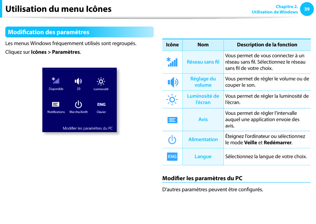 Samsung NP450R5E-X02FR Modification des paramètres, Modifier les paramètres du PC, ’écran, Le mode Veille et Redémarrer 