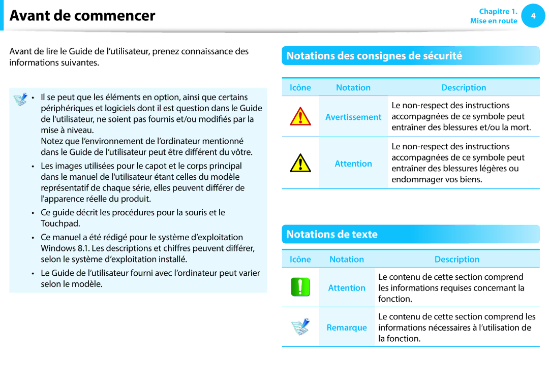 Samsung NP270E5E-K03FR manual Avant de commencer, Notations des consignes de sécurité, Notations de texte, Icône Notation 