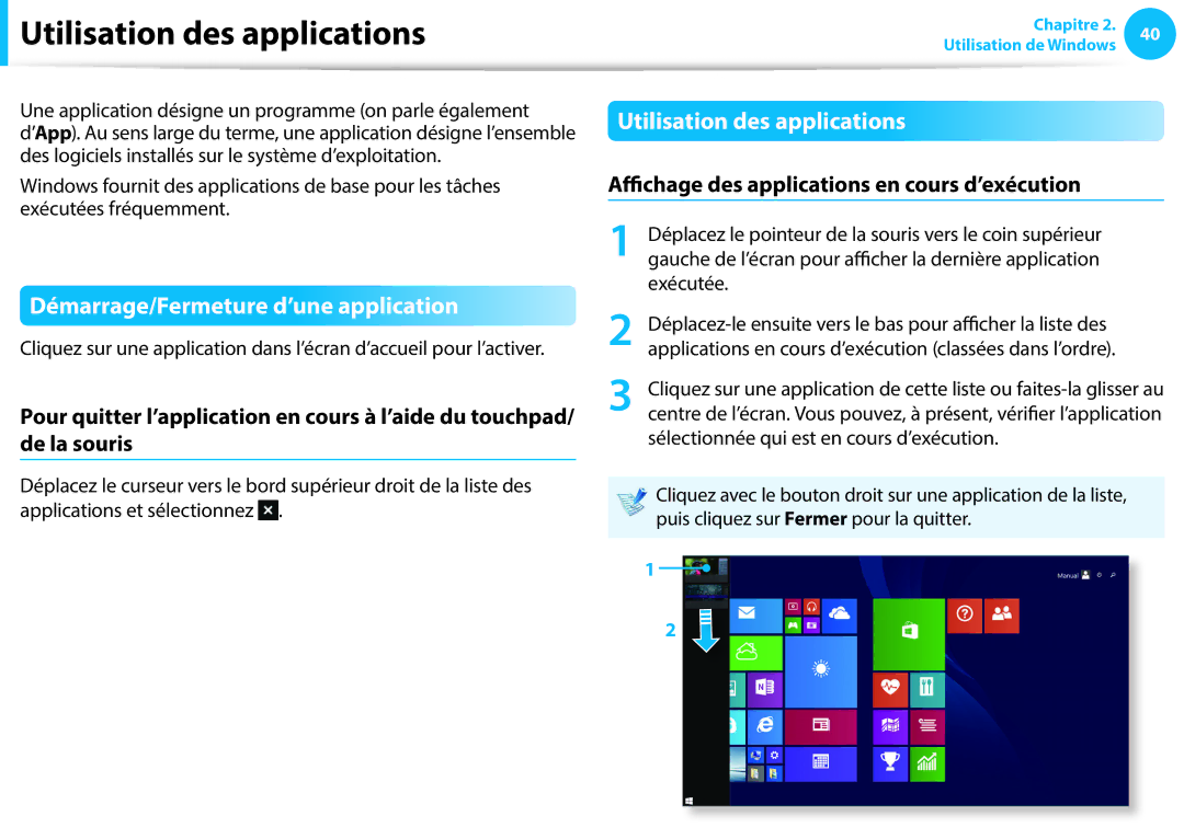 Samsung NP450R5E-K01FR, NP940X3G-K02FR, NP905S3G-K06FR Utilisation des applications, Démarrage/Fermeture d’une application 