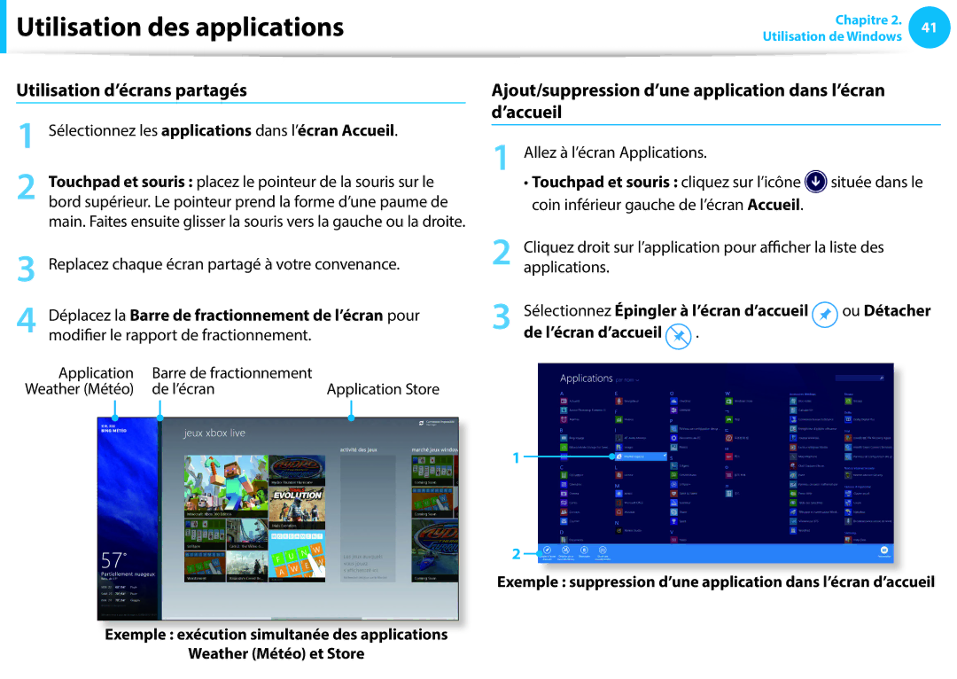 Samsung NP870Z5G-X01FR manual Utilisation d’écrans partagés, Ajout/suppression d’une application dans l’écran d’accueil 