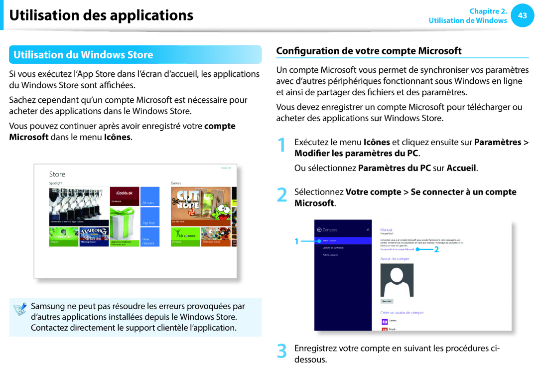 Samsung NP270E5E-X08FR, NP940X3G-K02FR manual Utilisation du Windows Store, Configuration de votre compte Microsoft 