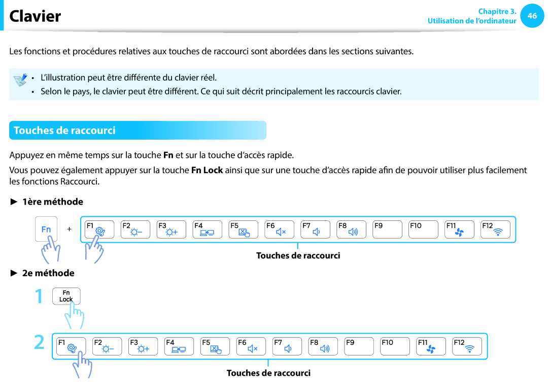 Samsung NP450R5G-X02FR, NP940X3G-K02FR Clavier, Touches de raccourci, ’illustration peut être différente du clavier réel 